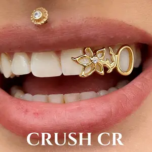1pc Floral Design Grills, Gold/Silver-Tone Dental Accessory with Zircon, Tooth Gems, Glam Hip Hop Accessory, Suitable For Streetwear & Statement Looks, Gift For Fashion Enthusiasts (Unique Craft, Actual Item May Vary)