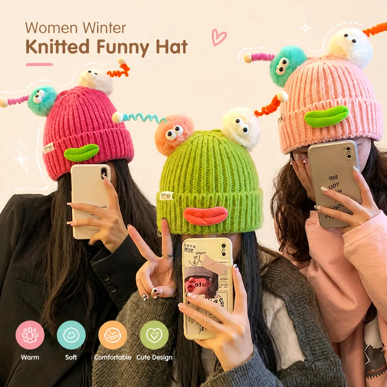 Women Winter Knitted Funny Hat Cute Cartoon Beanies Soft Warm Caps For Novelty Streetwear Accessory