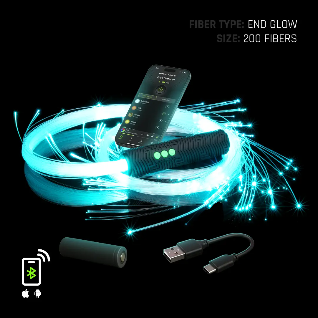 BitWhip - 200 Standard Fibers - Programmable LED Fiber Optic Whip with App Control & Endless Modes- Light Up Rave Toy Designed for Festivals, Cosplay, & EDM