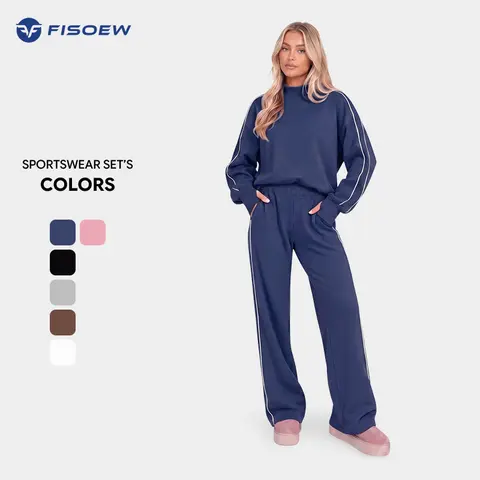 Fisoew Women's 2-Piece Viscose Ribbed Mock Neck Tracksuit - Oversized Long Sleeve French Terry Sweatshirt with Thin Elastic Side Stripes, High Waist Wide Leg Pocketed Bottom, College Wear (Navy, Chocolate) - Women's 2-Piece Sets, Matching Sets, Women 2 Pi