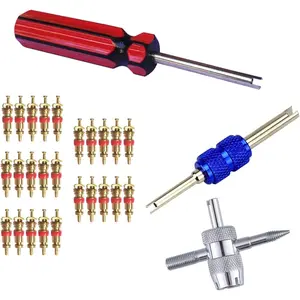 3 Pcs Tire Valve Core Remover Tools with 25 Pcs Brass Valve Stem Cores, 4-Way Valve Stem Core Tool, Dual & Single Head Tire Valve Core Remover Installer Tools