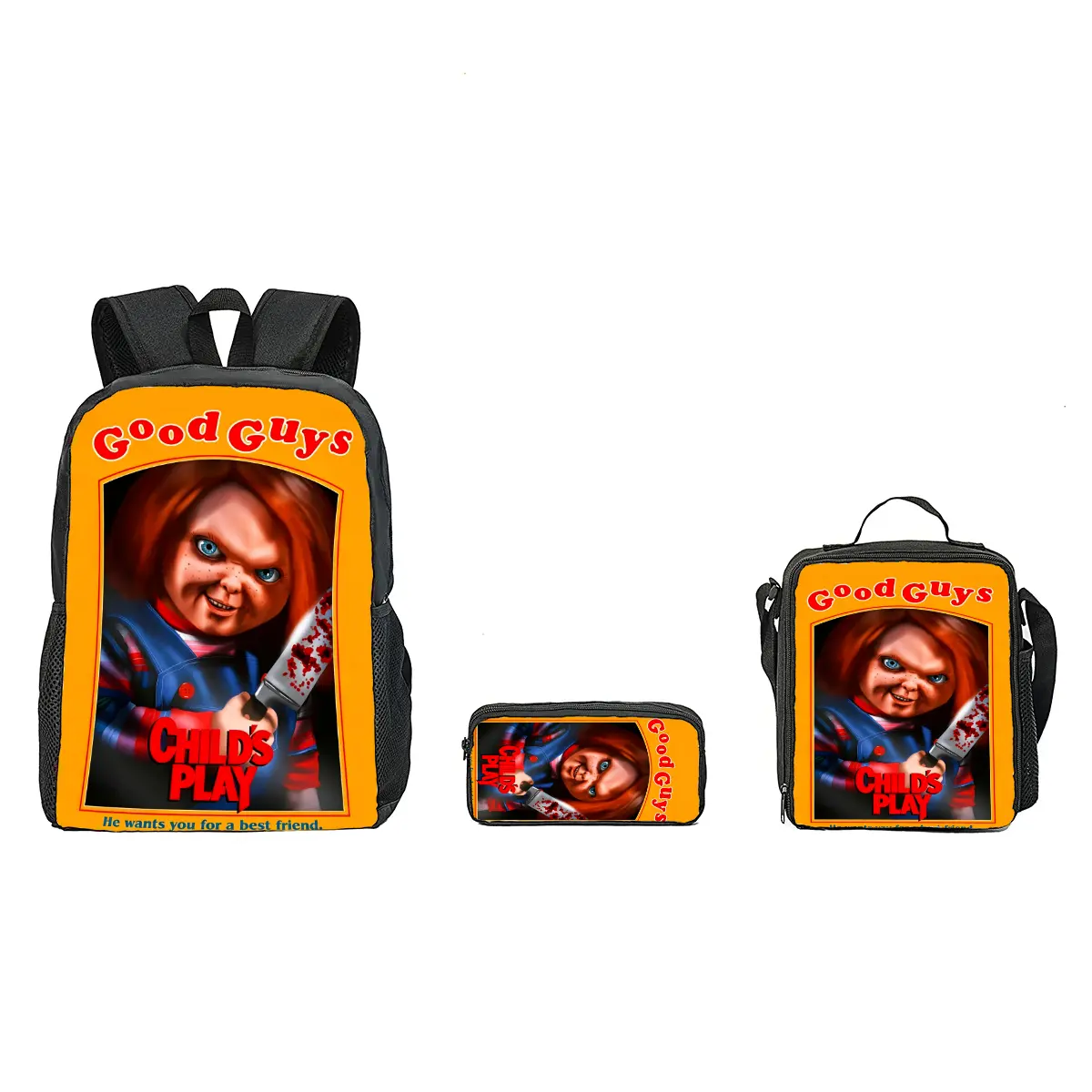 3Pcs Set Chucky Backpack School Travel Casual Daily Student Laptop Bag Pencil Case Lunch Bag Set Lightweight Comfortable Large Capacity Aesthetic Bookbag Trendy Campus Travel Bag Backpack Set for Boys Girls Teens