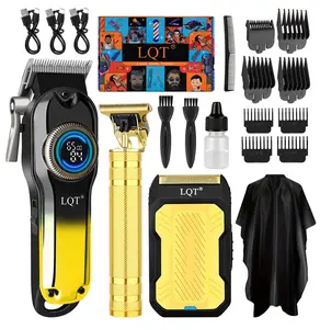 LQT Men's 3-Piece Professional Grooming Kit, Cordless Electric Hair Clipper with Gradient Gold-Tone LED Display, Detail Trimmer, Electric Shaver, USB-Rechargeable Lithium Battery, Ideal for Hair & Beard Care, Men's Gift