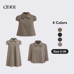 Cider Peter Pan Collar Houndstooth Button Short Sleeve Blouse Dealsforyou