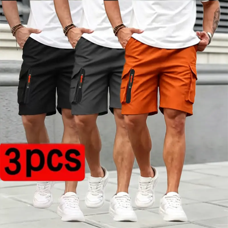 Men's Casual Cargo Shorts 3-Pack, Plain Loose-Fit Knee-Length Athletic Wear with Zipper Pockets, Breathable for Summer Sports, Men’s Shorts, Polyester Clothes, Athletic Shorts