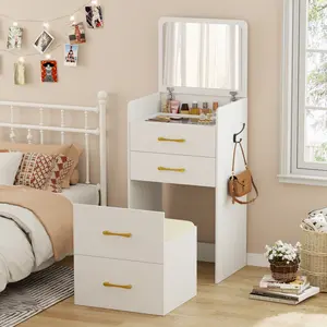 FREDEES 3 in 1 Vanity Desk with Flip Top Mirror for Bedroom,Small Compact Vanity with Visible Glass Desktop for Cloakroom,Makeup Vanity Set with 3 Drawers,Cushioned Stool,Dressing Table