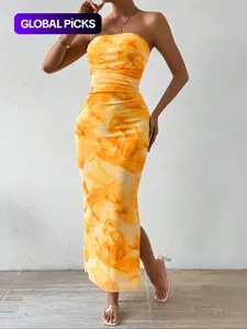 LovelyWholesale, Mother's Day for under ten dollars, don't miss out! Women's All Over Print Ruched Backless, Strapless Split Thigh Bodycon Tube Dress, Sundress Maxi Dress, Long Dress for Spring And Summer, Ladies Clothes for Beach Holiday