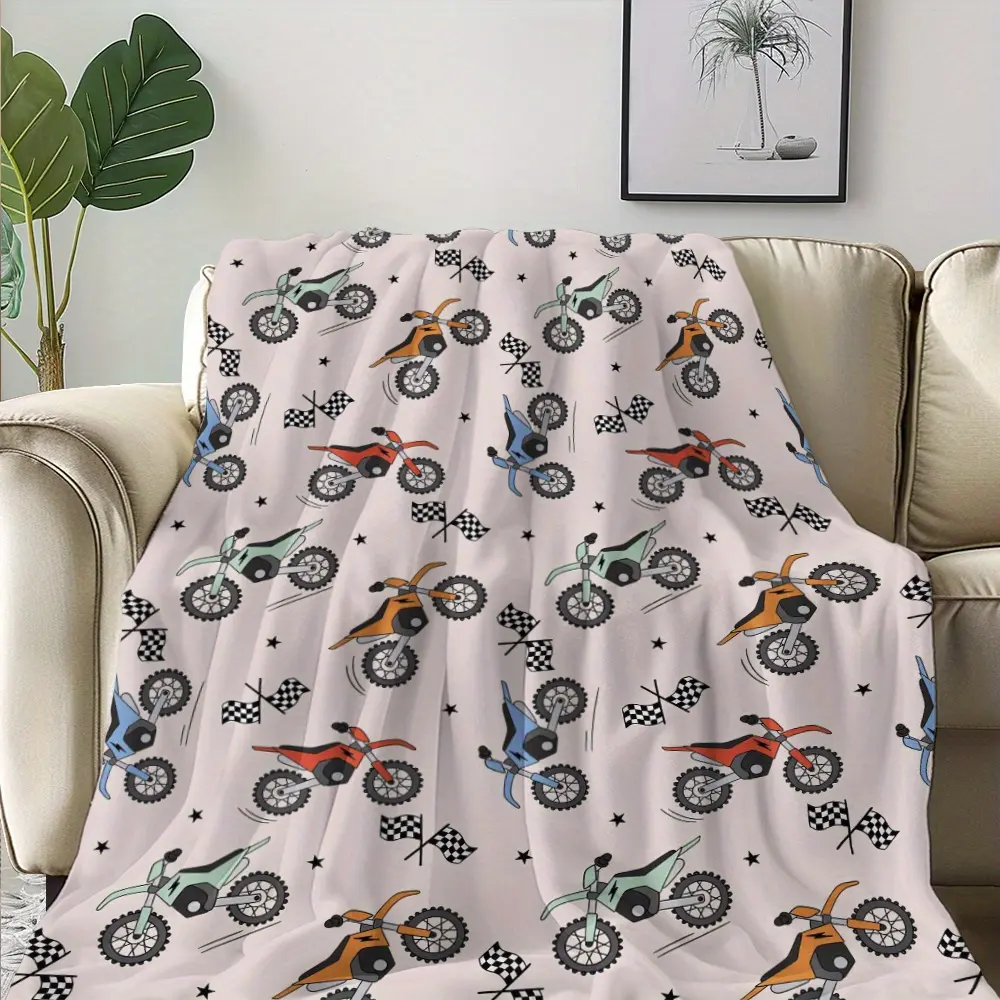 100% Polyester Tufted Fabric Adult Classic Motorcycle Theme Hand-Painted Cartoon Print Blanket - Soft, Warm, Breathable, Cooling, Wrinkle Resistant, Fade Resistant, Durable, All Seasons, Machine Washable, Portable, Ideal Gift for Friends, Perfect for Naps
