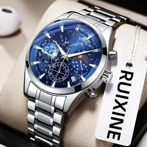 RUIXINE Galaxy Moon Phase Men's Watch | Van Gogh Starry Night Dial Chronograph | Leather Strap Waterproof Quartz Wristwatch
