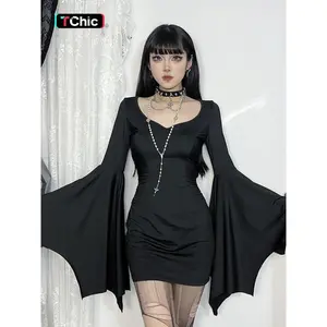 Women's Flounce Sleeve Sweetheart Neck Bodycon Dress, Chic Punk Fashion Long Sleeve Short Dress for Party Club Holiday, Dresses for Women, Women Dress for Fall & WinterGift