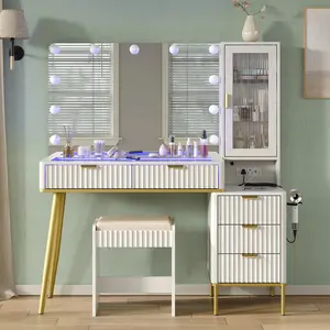 LIVELYGLOW 36" Fluted Vanity Desk with Mirror Makeup Table 11 Lights RGB Glass Top 5 Drawers Adjustable Lighting for Bedroom Dorm White