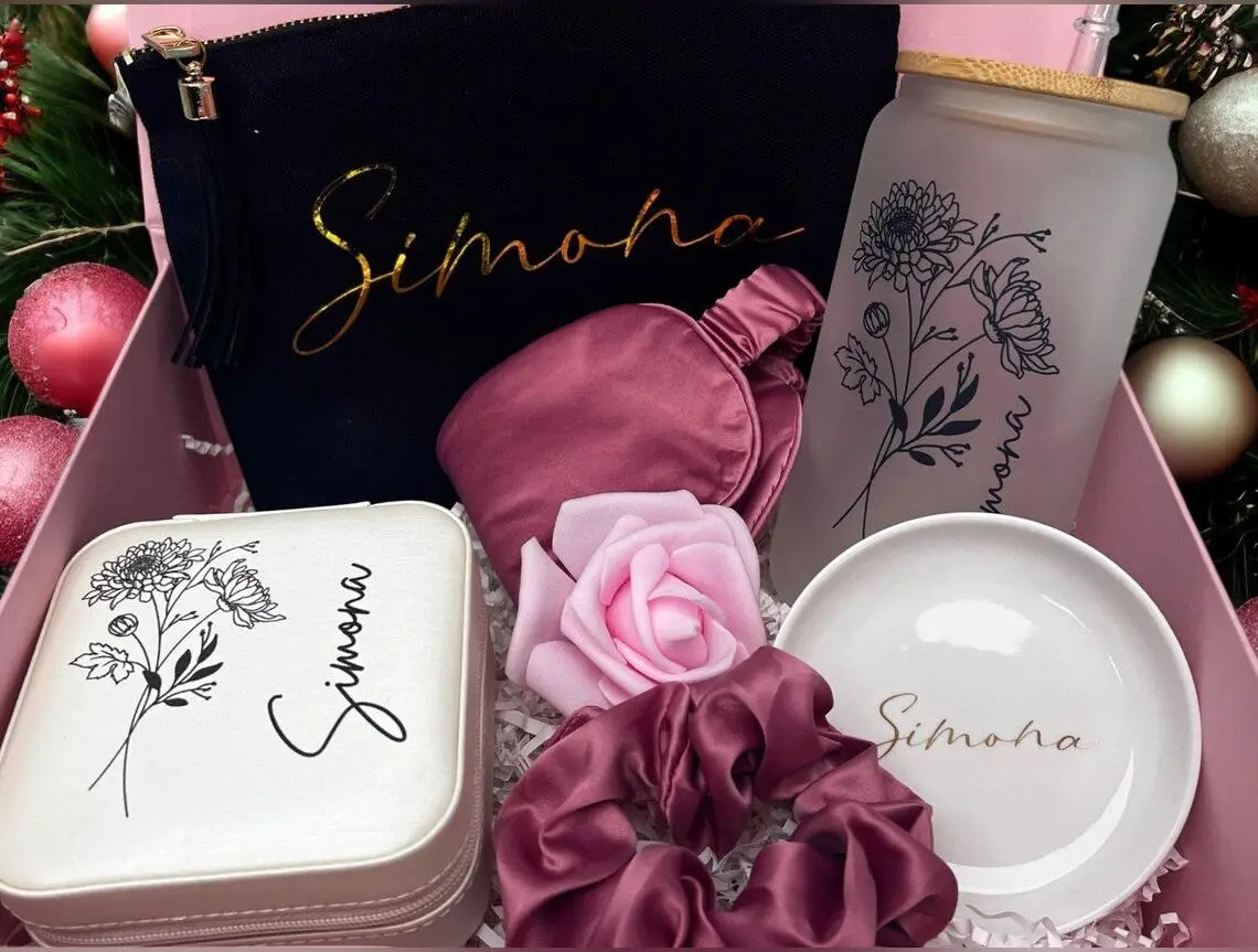Taniri Customizable Full-Set Female Gift Box - Personalized Name & Birth Flower Care Package with Glass Jewelry Box, Tumbler, Self-Care Items, Gift-Ready for Happy Birthday (4,6,8,9) for Adult Coworker, Christmas