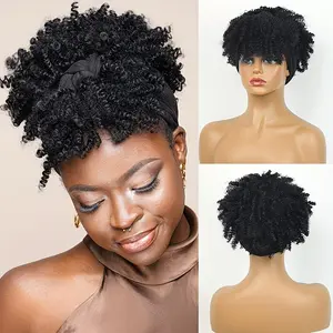 Synthetic Short Afro Kinky Curly Headband Wigs With Bangs Wrap Wigs 2 in 1 Turban Wig Drawstring High Puff Wigs Headwrap Wigs with Headband Attached Updo