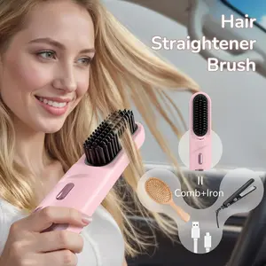 Go Brush Pro for Short Hair 2026 Hair Straightener Brush 300M Negative Ions,Portable Cordless Straightening Comb for Women,Fast Heating 4 Temps for Frizz-Free Smooth Hair Travel Gift Light Pink
