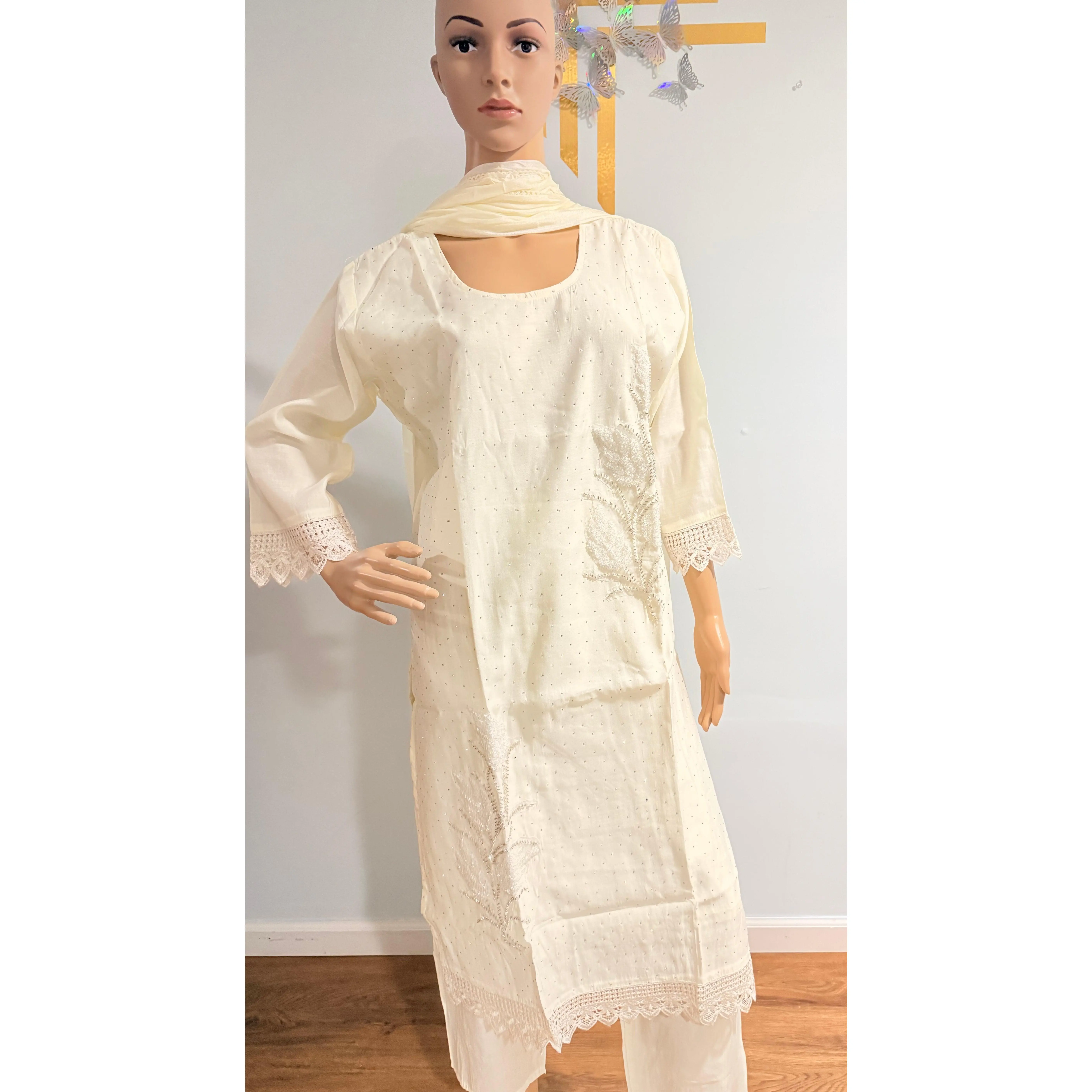 Elegant Off-White Silk Linen Embroidered Kurti Set