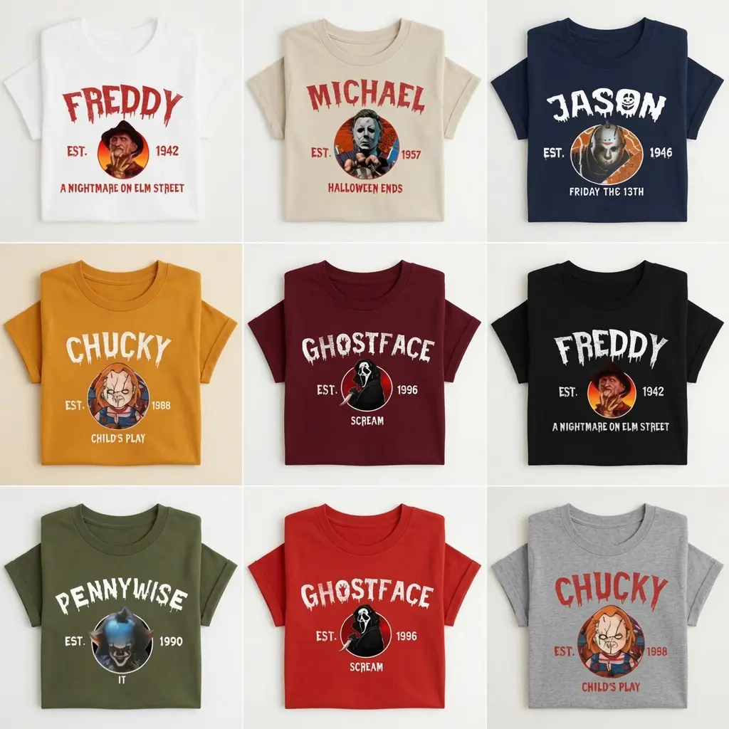Slasher Icons Vintage Shirt, Freddy Jason Ghostface Chucky Graphic Tee, Horror Movie Character Est Year Apparel, Spooky Top