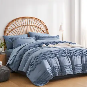 Blue Tufted Comforter Set Full Size 7 count Bed in a Bag, Shabby Chic Boho Comforter and Sheet Set, Pom Pom Textured Bed Set,  Season Soft Microfiber Complete Bedding Set(Blue,Full)