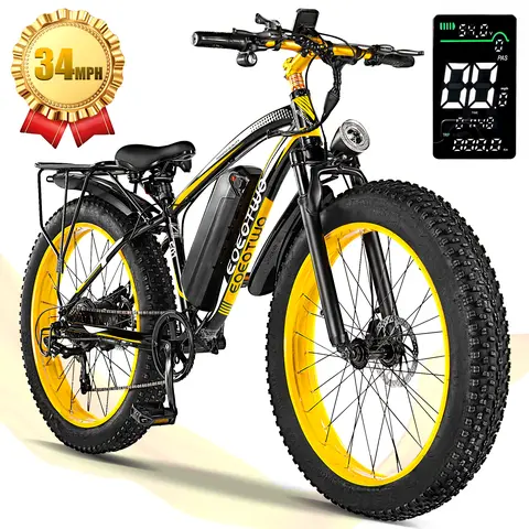 EOEOTWO adult electric bicycles, with peak power of 1500 watts, equipped with front suspension and 7-speed transmission system, detachable battery, aluminum frame, with a range of up to 60 miles, 34MPH ，26 * 4-inch step-through commuter electric bicycle.