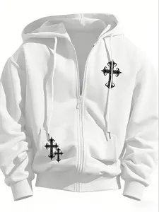 Men's Zipper Hoodie with Gothic Cross Pattern, Loose Fit, Sporty Style, Casual, Unique Religious Inspired Design, Comfortable Fabric