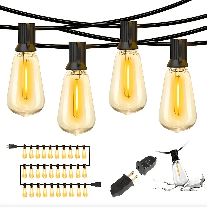 Cozy Vibes Only 100FT Waterproof Outdoor String Lights | 30 LED Filament Bulbs + 2 Spares | Shatterproof Patio Decor