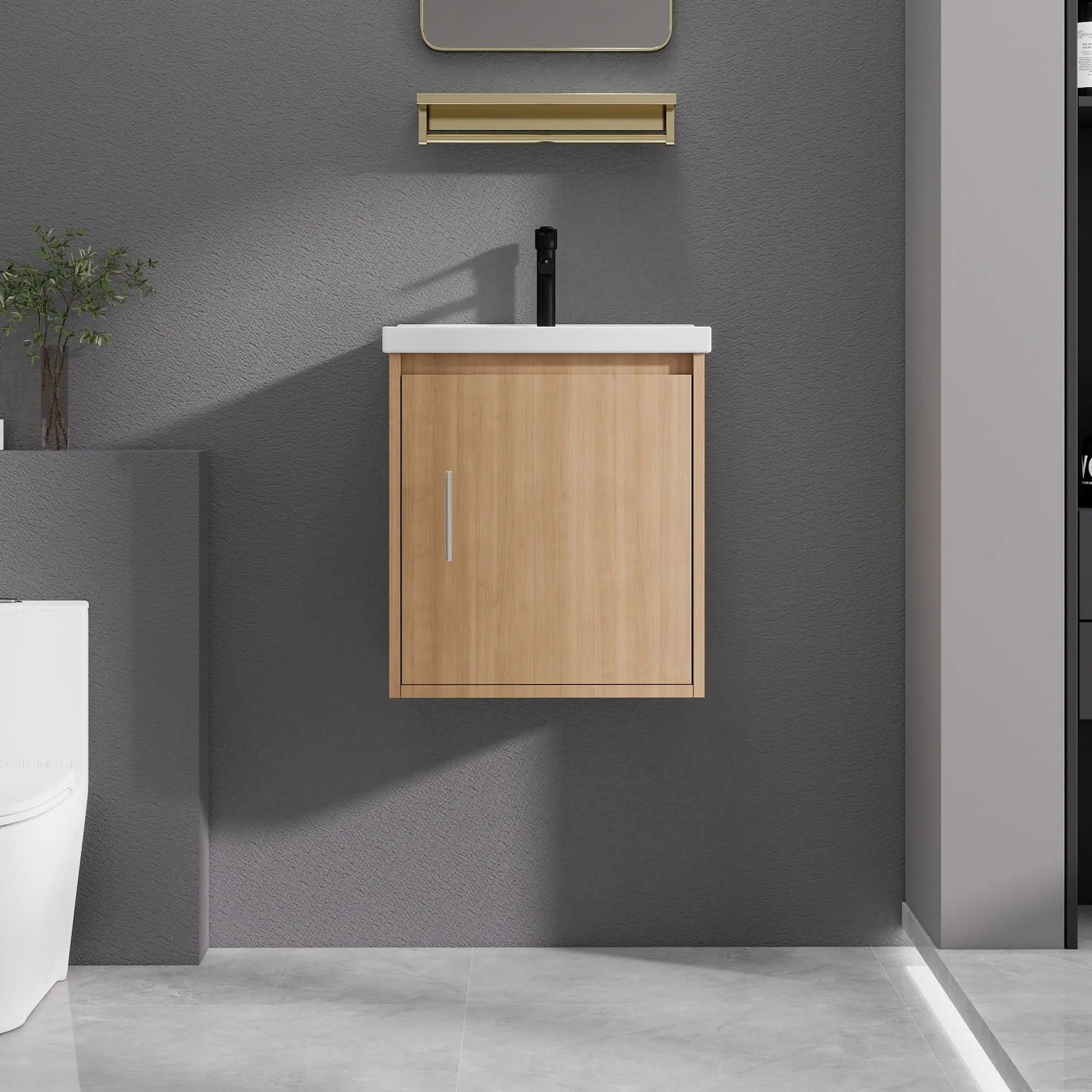 20 Inch Modern Floating Wall‑Mount Bathroom Vanity With Sink, Plywood Cabinet, Ceramic Sink, Soft‑Close Single Door For Small Bath & Powder Room