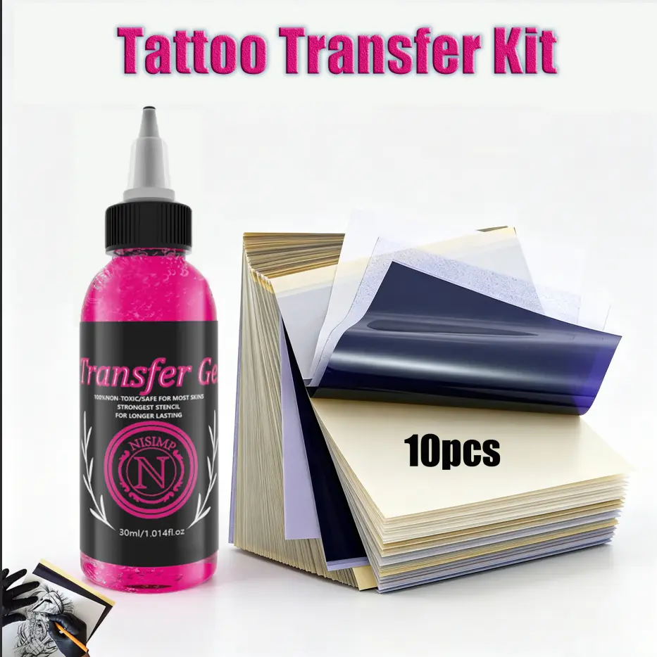 NISIMP Stencil Transfer Gel Kit - 30ml Bottle, 10 Sheets, Smooth Lightweight Long-Lasting Fragrance Formula, Sensitive Safe, Cruelty Free, Learners-Friendly Body Art Makeup
