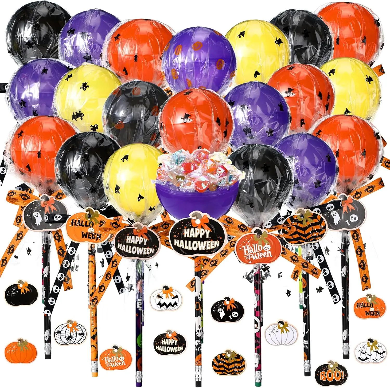 Summer Gift 96 Pcs Halloween Party Favors Gift Trick or Treat Container Halloween Pencil Empty Giant Lollipop Stationery Candy Fillable Hold Plastic Lollipop Storage for Classroom Gifts