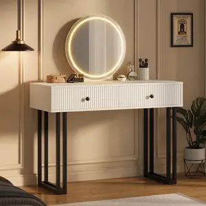 Modern Vanity Table with Adjustable LED Light Mirror, 2 Storage Drawers, Space Saving Makeup Dressing Desk, Black & White Stylish Bedroom Cosmetic Table