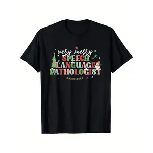 Men's Shortsleeve Graphic T-Shirt - Round Neck Funny Christmas SLP Therapist Gift with Santa Hat & Stars, Soft Breathable Streetwear Top, Black, S-XXXL, All-Season Casual Holiday Apparel