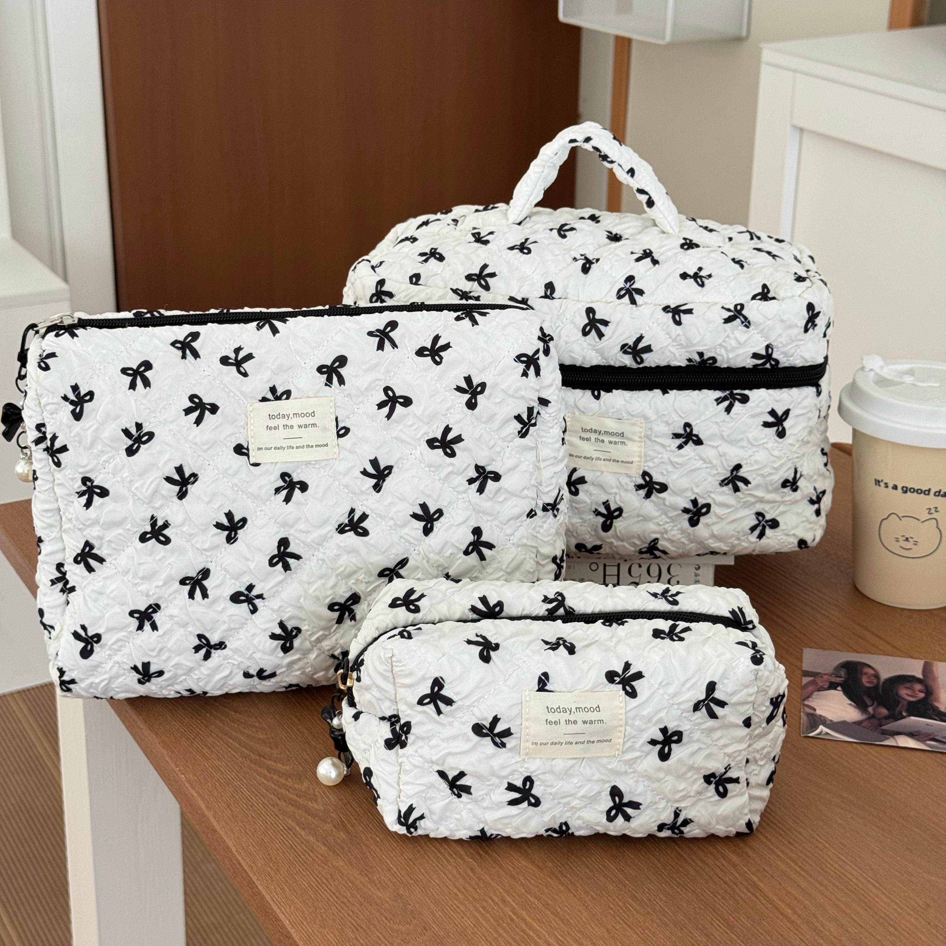 Bow Bubble Quilted Makeup Bag 3-Piece Set – Large Capacity Travel Toiletry Storage Bags, Girly Instagram Style