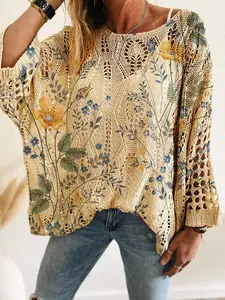 Spring Summer New Round Neck Hollow Out Batwing Shoulder Long Sleeve Women's Knit Top, Casual Loose Fit Beach Vacation Floral Print Womenswear