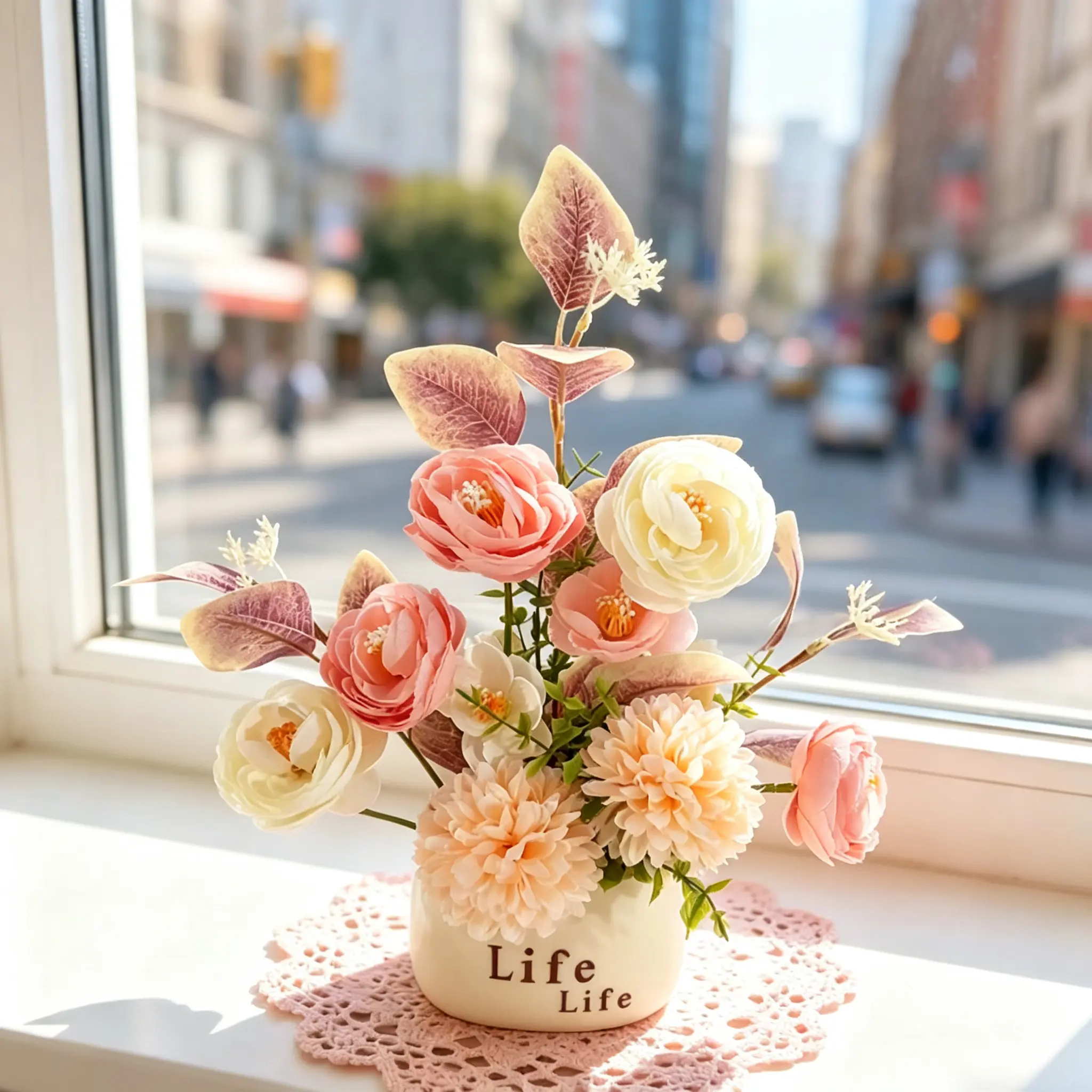 Luxury Artificial Silk Flowers Arrangement, Premium Faux Floral Centerpiece for Dining Table, Coffee Table, TV Stand & Fridge Decor, Elegant Home Decor Fake Flower Bouquet Tabletop Ornament