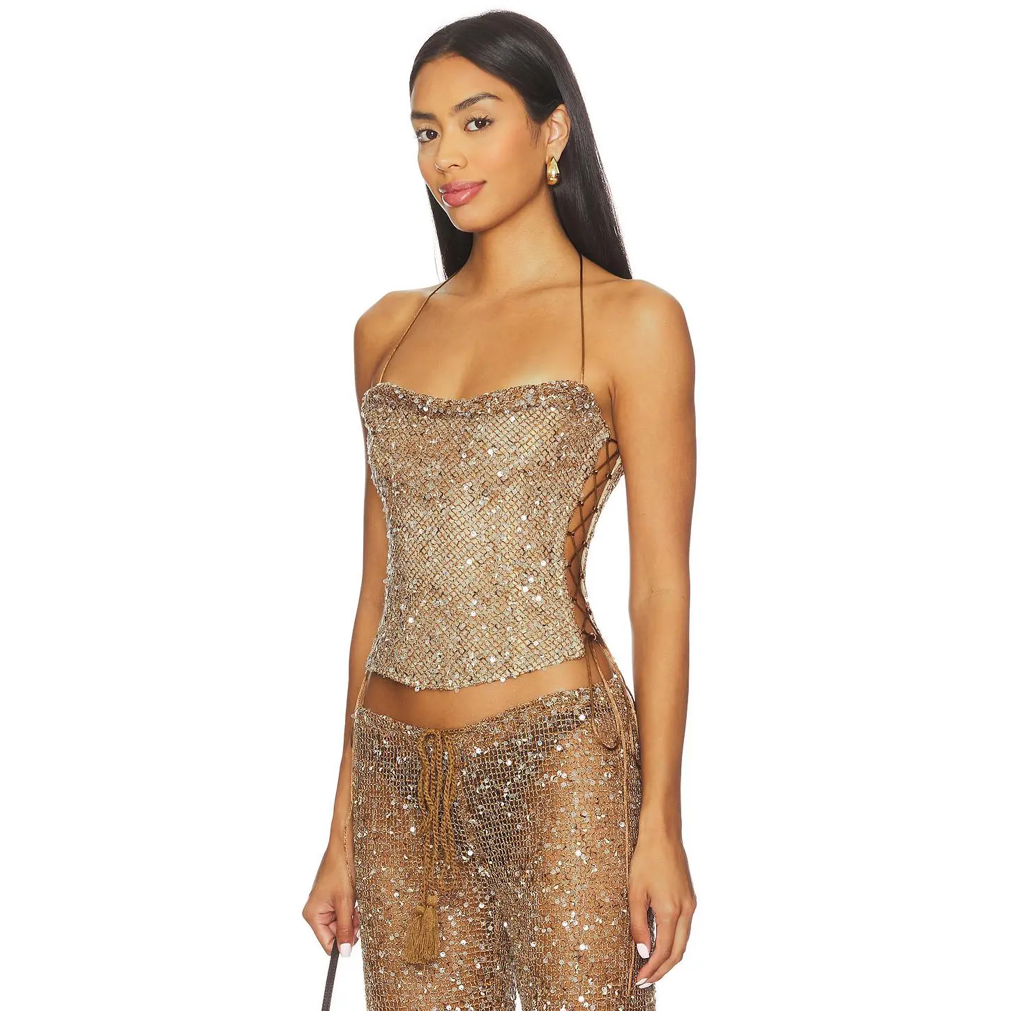 Jaded London Draped Lace Up Corset Top in Sand