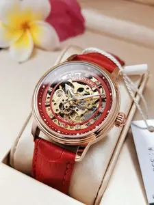 New Hollow Out Women's Automatic Mechanical Watch, Luxury Diamond-Embedded Waterproof Night Light, Leather Strap Elegant Ladies Watch