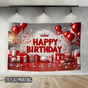 Red-White Birthday Backdrop – "Happy Birthday" Red Lettering, Crown, Balloons & Gifts, Perfect for Birthday Parties & Celebration Decor, Brings Festive & Elegant Vibe, A Wonderful Birthday Gift, 2D Print
