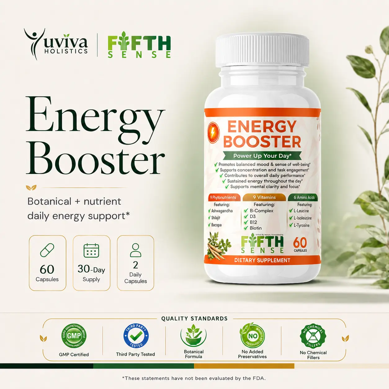 Energy Booster by FifthSense | Botanical Daily Performance Support with Ashwagandha, Bacopa, Amino Acids & B-Complex | 60 Capsules