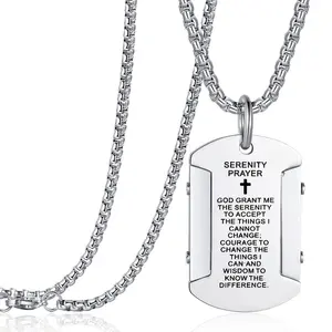 Men's Bible Verse Dog Tag Serenity Lord's Prayer Cross Pendant Necklace with 24 Inch Stainless Steel Chain for Women Men Silver Black Gold