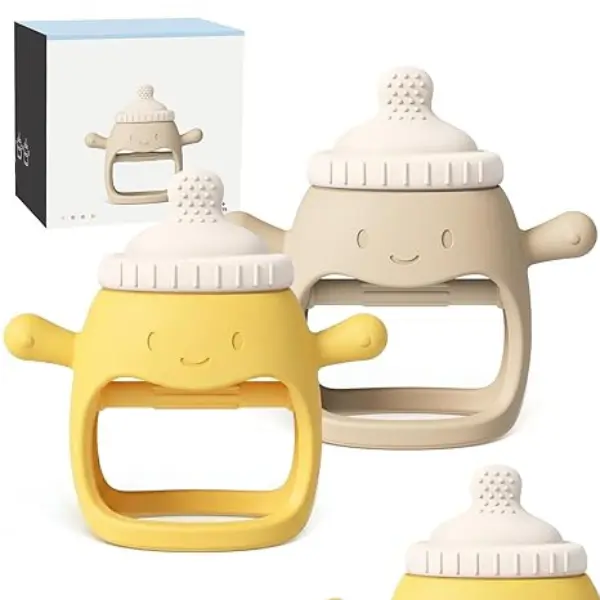 Baby Teething Toys 2 Pack for 3+ Months, Silicone Teething Mitten with Wrist Strap, BPA Free Infant Hand Teethers, Anti-Drop Baby Chew Toys for Teething Relief, Sensory Montessori Toy, Yellow