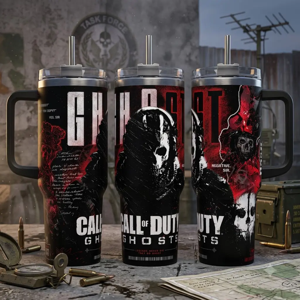 Call of Duty Ghosts Insulated Drinkware Set, 40oz Tumbler with Handle & 20oz Portable Bottle, Silicone Lid, Red Black Tactical Gamer Drinkware, Ghost Simon Riley Inspired Gift, Reusable Coffee Cup & Water Bottle