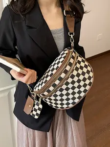 Vintage Checkered Crossbody Bag for Women, Large Capacity, Adjustable Strap, Casual Shoulder Bag, Multi-Layered, Lightweight, Trendy