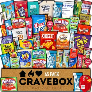 CRAVEBOX Snacks Box Variety Pack Care Package (45 Count) Treats Gift Basket Adults Kids Grandkids Guys Girls Women Men Boyfriend Birthday Cookies Chips College Student Office School Graduation