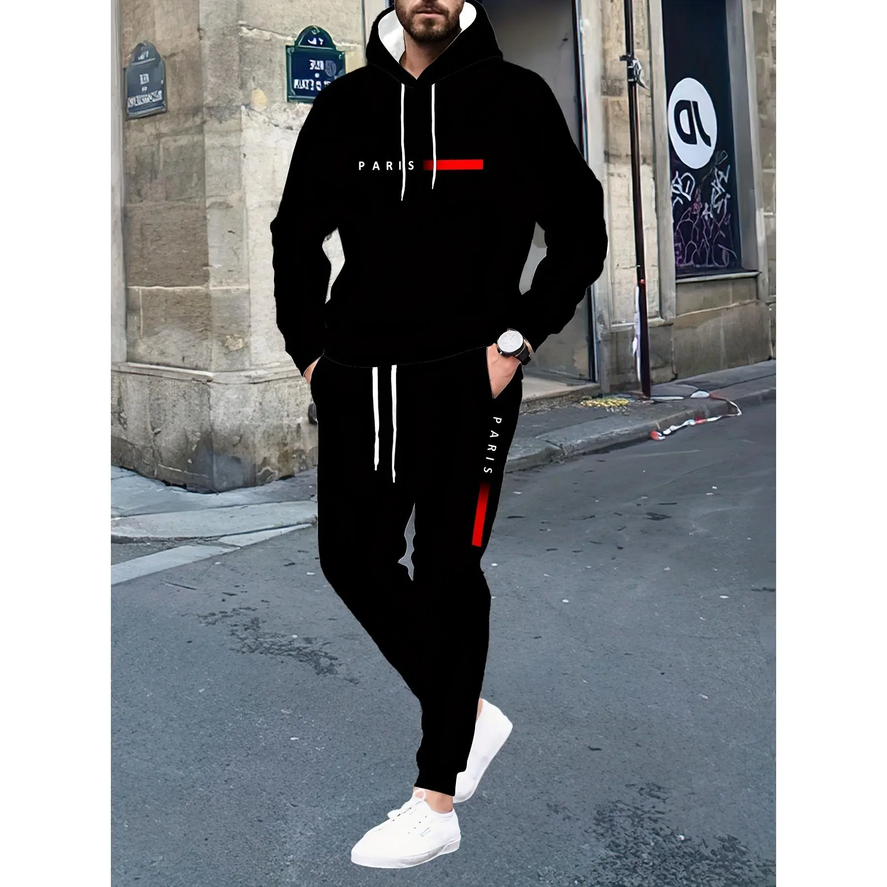 2-piece men's set with "Paris" lettering and striped 3D print, comfortable pullover hoodie and sweatpants set, suitable for spring and autumn, machine washable
