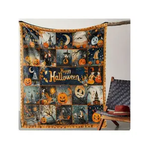 Happy Halloween Patchwork Throw Blanket with Whimsical Pumpkins, Witches & Haunted Scenes – Cozy Festive Home Decor
