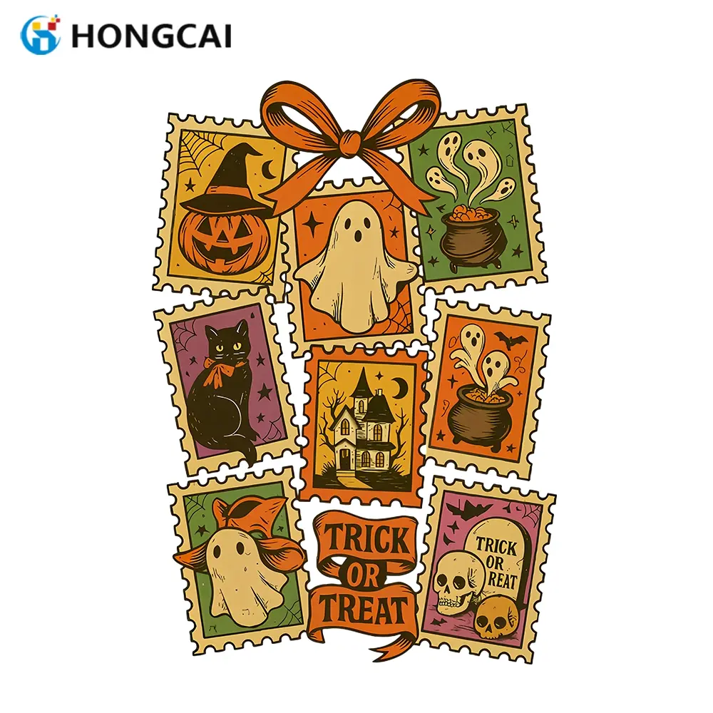 Vintage Stamp Style Halloween Heat Transfer Vinyl Stickers, High-Quality DIY Clothing Transfers, Easy to Use, Perfect for Parties & Gifts
