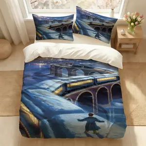 3Pcs Design polar express Themed Printed Snowflake Holiday, Elegant Unique Christmas Pattern Soft Touch, Bedroom Dorm Christmas Bedding, Exquisite All-Season Holiday Gift, 1 Duvet Cover 2 Pillowcases (No Insert)
