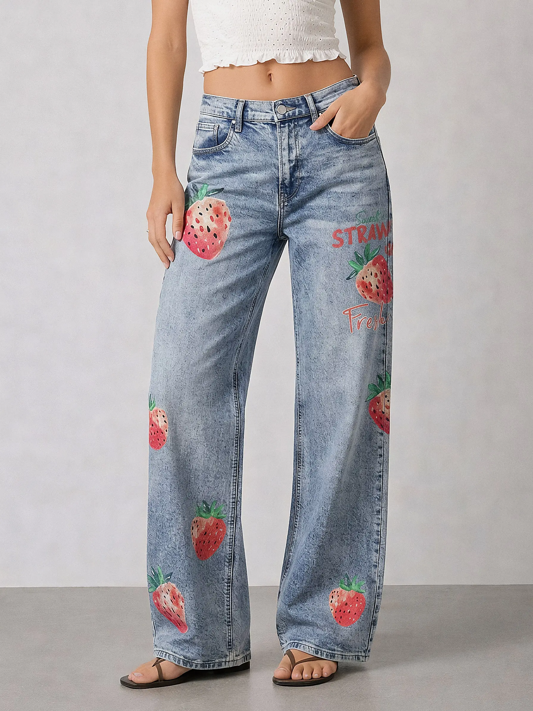 Sweet Strawberry Graphic Jeans Y2K Wide Leg High Waisted Denim Pants Cute Aesthetic Light Wash Baggy Jeans Women Summer Outfit Trendy Streetwear Pants