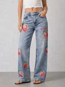 Sweet Strawberry Graphic Jeans Y2K Wide Leg High Waisted Denim Pants Cute Aesthetic Light Wash Baggy Jeans Women Summer Outfit Trendy Streetwear Pants