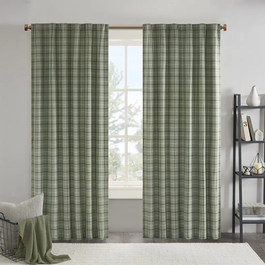 Madison Park Casual Fleece Lined Polyester Curtain Panel - 50x95in Heavy Weight Anaheim Plaid Green, 0.13in Thickness, Rod Pocket & Back Tab, Thermal Insulation, Machine Washable, Light Filtering, Light Filtering Curtains, Lined Curtains