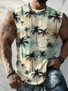 Men's Tropical Palm Tree Print Sleeveless T-Shirt, Summer Casual Tank Top, Lightweight Breathable Short Sleeve Shirt, Comfortable and Stylish