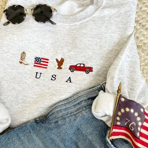 USA Embroidered Icons Crewneck Sweatshirt | America Sweatshirt | 4th of July crewneck | Country, Western, Cowboy Sweatshirt